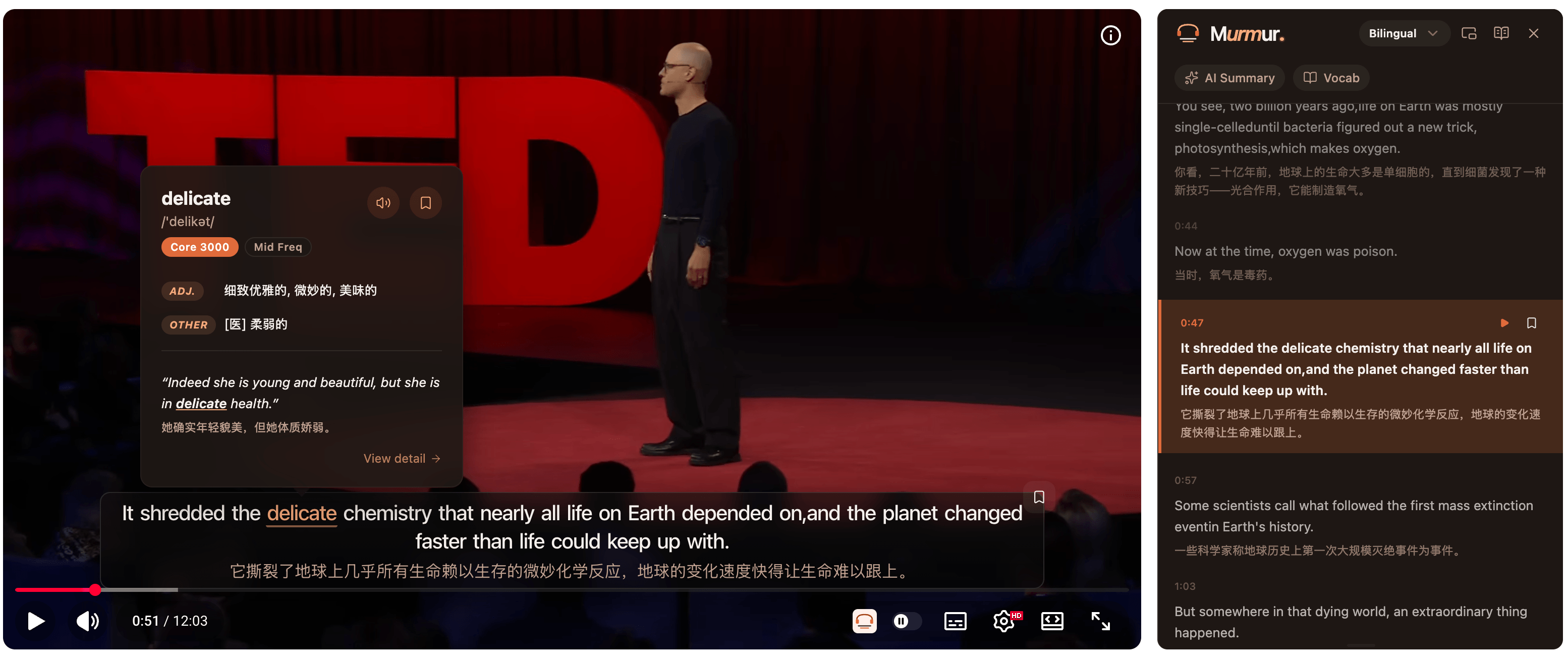Murmur 在 YouTube 视频上叠加连贯的双语字幕与划词查询，右侧是同步的双语文稿面板。